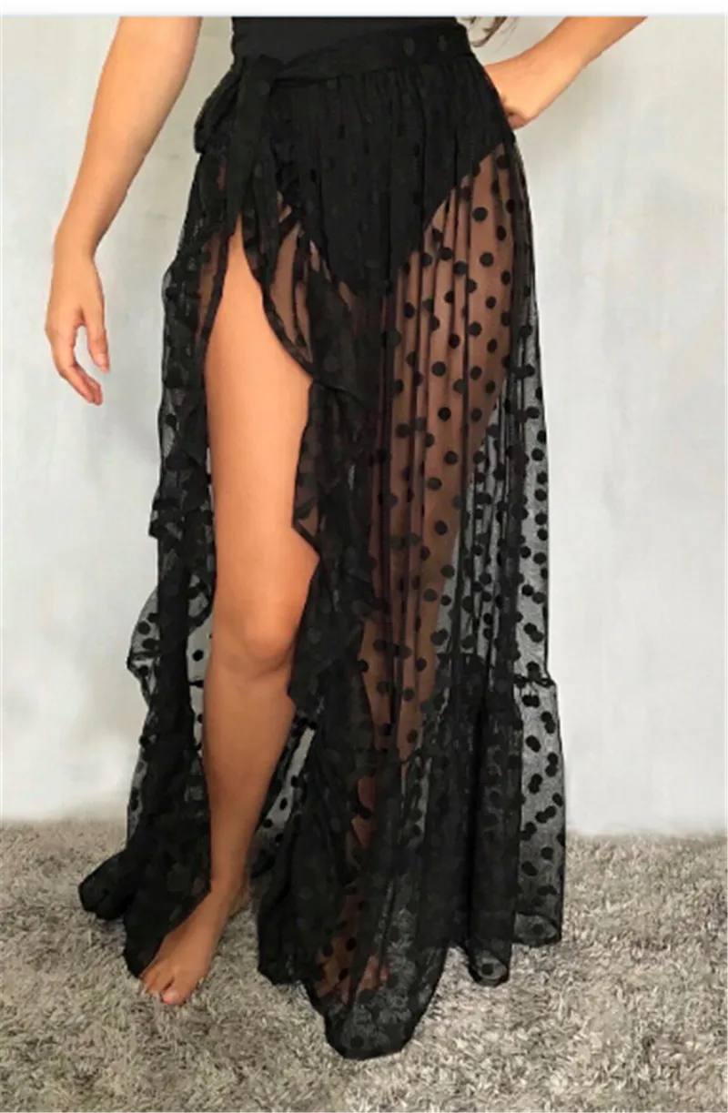 Sexy Women Mesh Sheer Beach Bikini Cover Ups Vacation Sunscreen Wrap Skirt 2020 New RufflesDot High Waist Split Bikini Cover Up