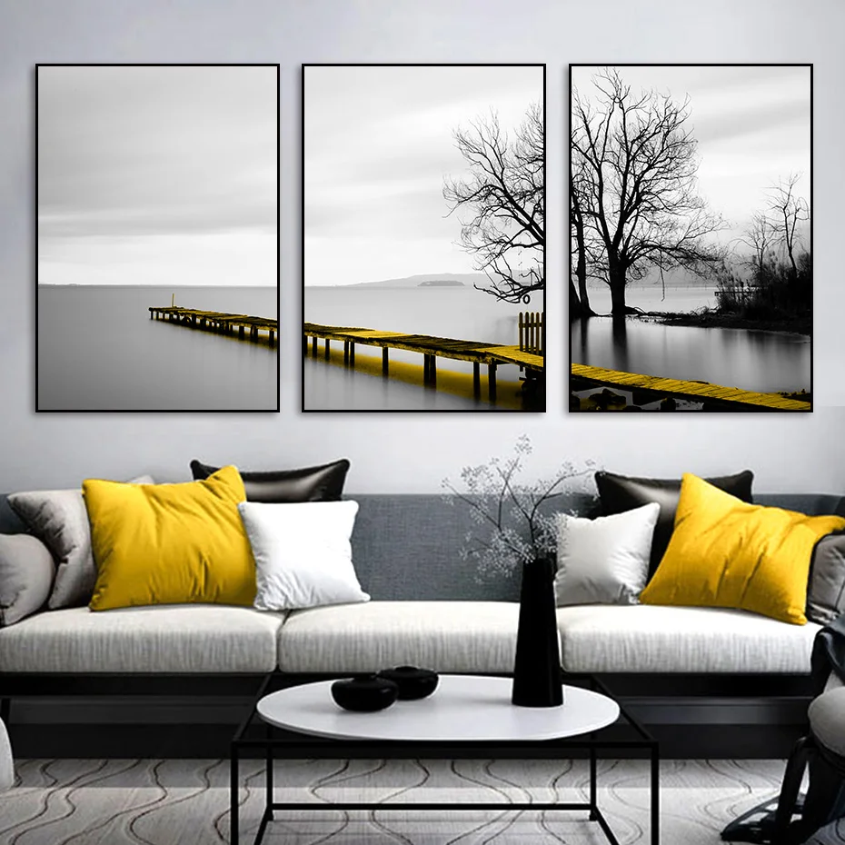 

Black and White Calm Lake Bridge Tree Scene Wall Art Canvas Painting Pictures Posters Prints for Living Room Interior Home Decor