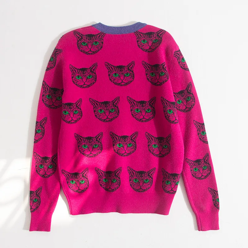 High Quality Runway Designer Cat Print Knitted Sweaters Pullovers Women Autumn Winter Long Sleeve Harajuku Sweet Jumper