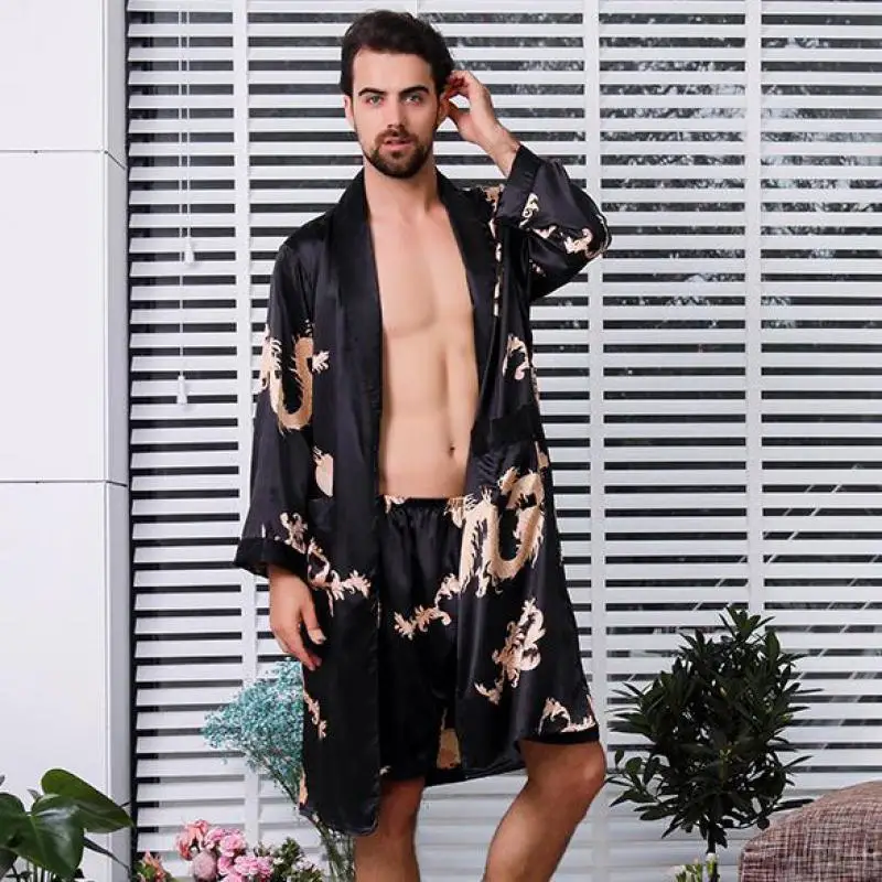 Large Size 4XL 5XL Men Satin Robe Set Dragon Print 2PCS Sleepwear Silky Nighty&Robe Set Male Casual Kimono Gown Loose Home Wear