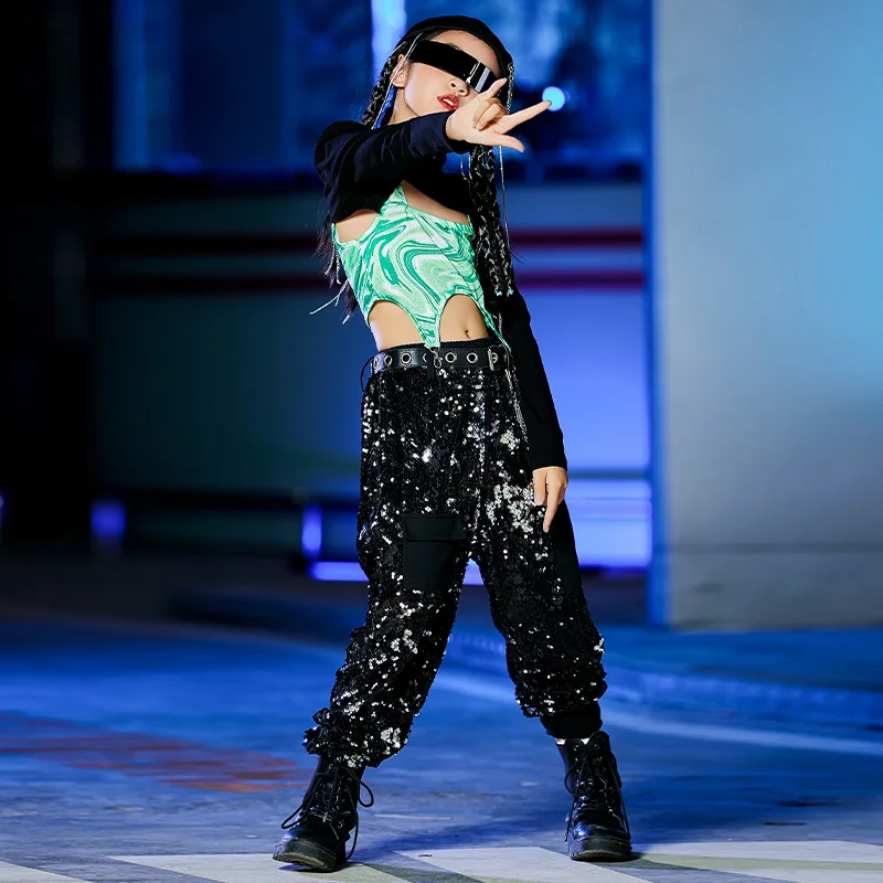 Stock Kpop Jazz Dance Outfit Mädchen Hip Hop Dancewear Kinder Street Dance Kostüm Pailletten Cargo Hosen Rave Festival Kleidung