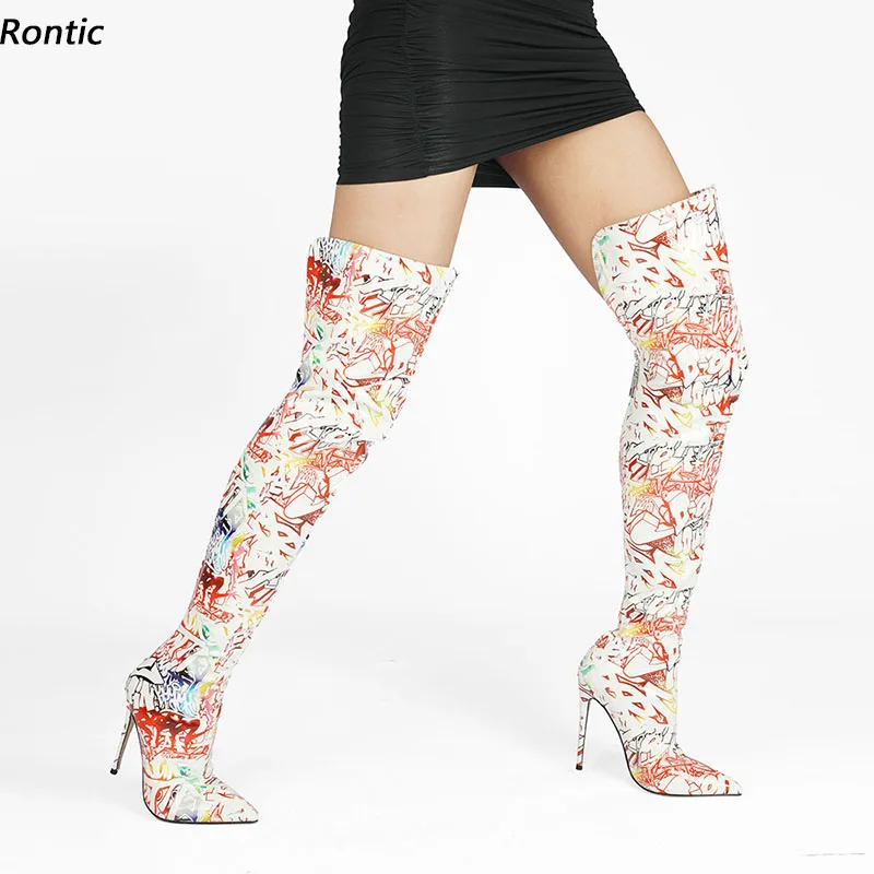 

Rontic Women Winter Over Knee Boots Back Zipper Printed Stiletto Heels Pointed Toe Pretty White Party Unisex Shoes US Size 5-15