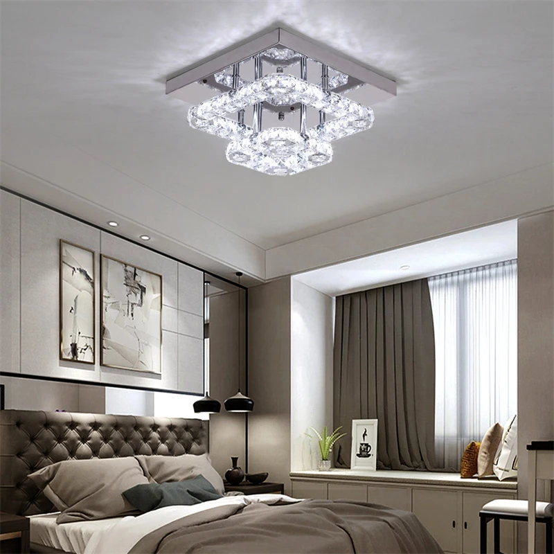 Modern LED Crystal Chandelier Lighting Mirror Rings Ceiling Lamp for Living Room Kitchen Luminaire Home Decor Light Fixture