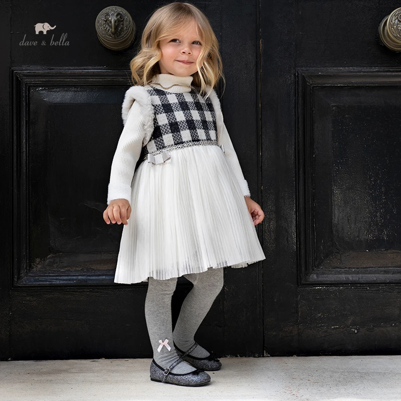 

DB18917 dave bella autumn baby girl's cute bow plaid mesh dress children fashion party dress kids infant lolita clothes