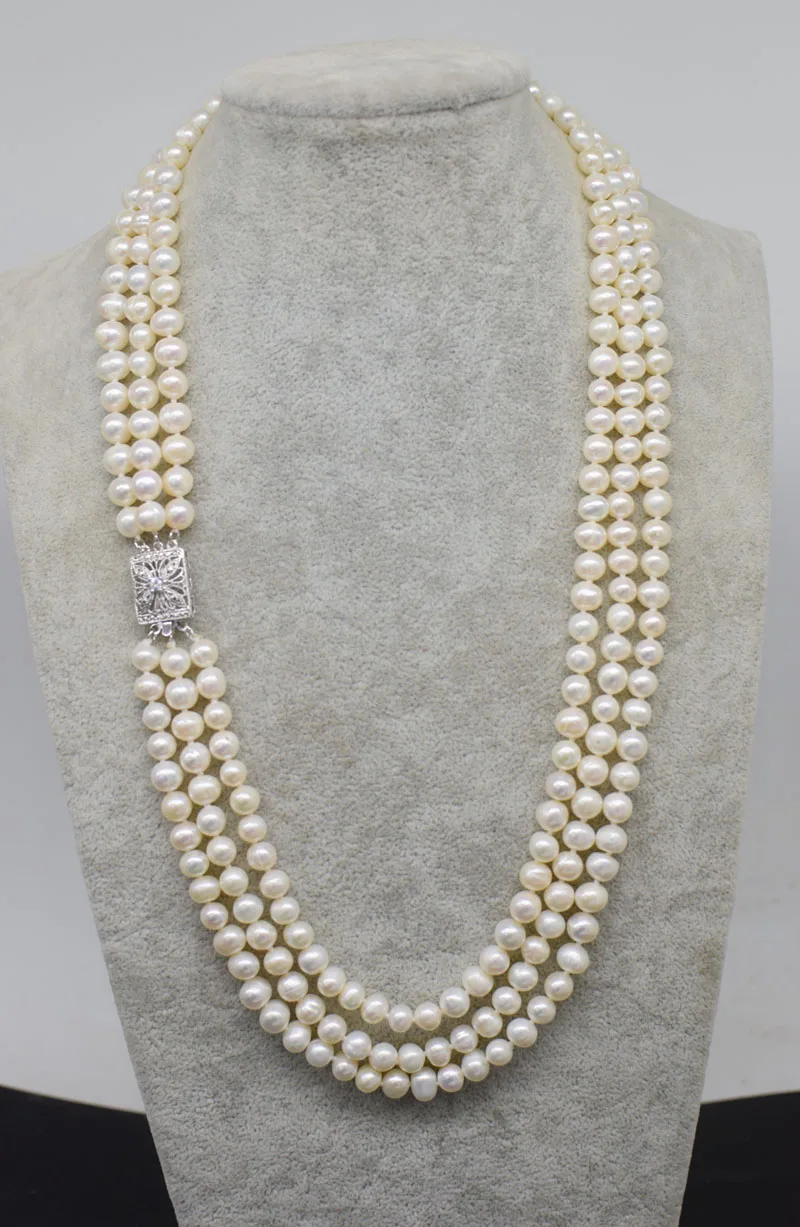 

WOW! 3rows freshwater pearl white near round 7-8mm necklace 19-21inch nature wholesale FPPJ