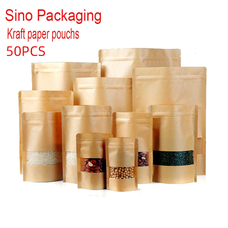 

50pcs/lot Stand Up Zip Lock Kraft Paper Bag With Matte Translucent Window Reusable, Heat-Sealable Food Storage Pouches Package