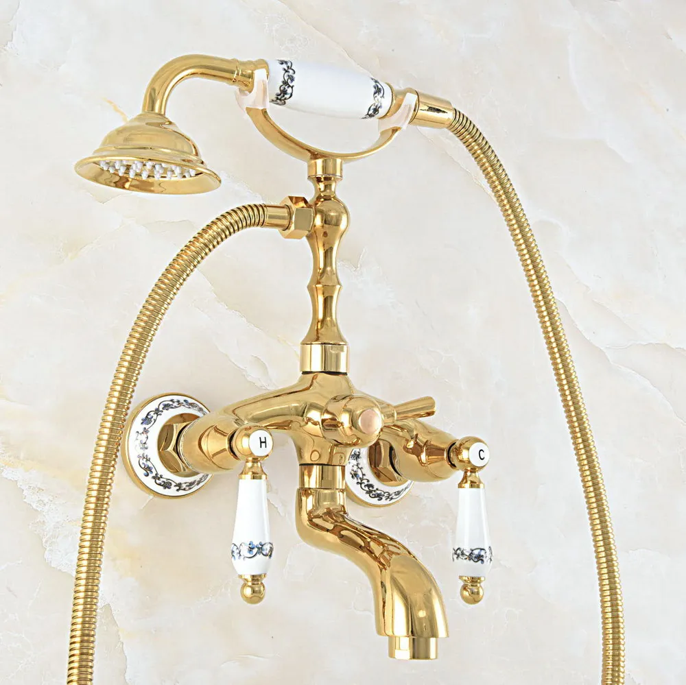 

Luxury Polished Gold Color Brass Bathroom Wall Mounted Clawfoot Tub Faucet Taps Set With Hand Held Shower Head Spray mna816