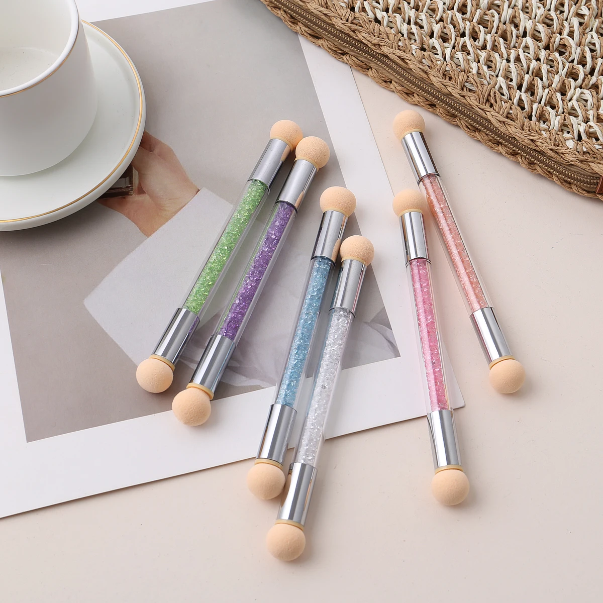 1 Pcs Nail Art Gradient Brush Pen Painting Drawing Pen With 4 Replace Sponge Heads Double End Rhinestone Handle Manicure Tools