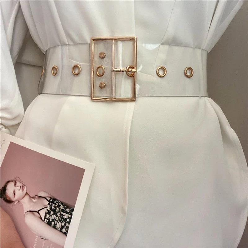 Transparent Fashion Women's Width Belt Square Garden-Shaped Gold Buckle With Porous All-Match Overcoat Dress Simple Strap