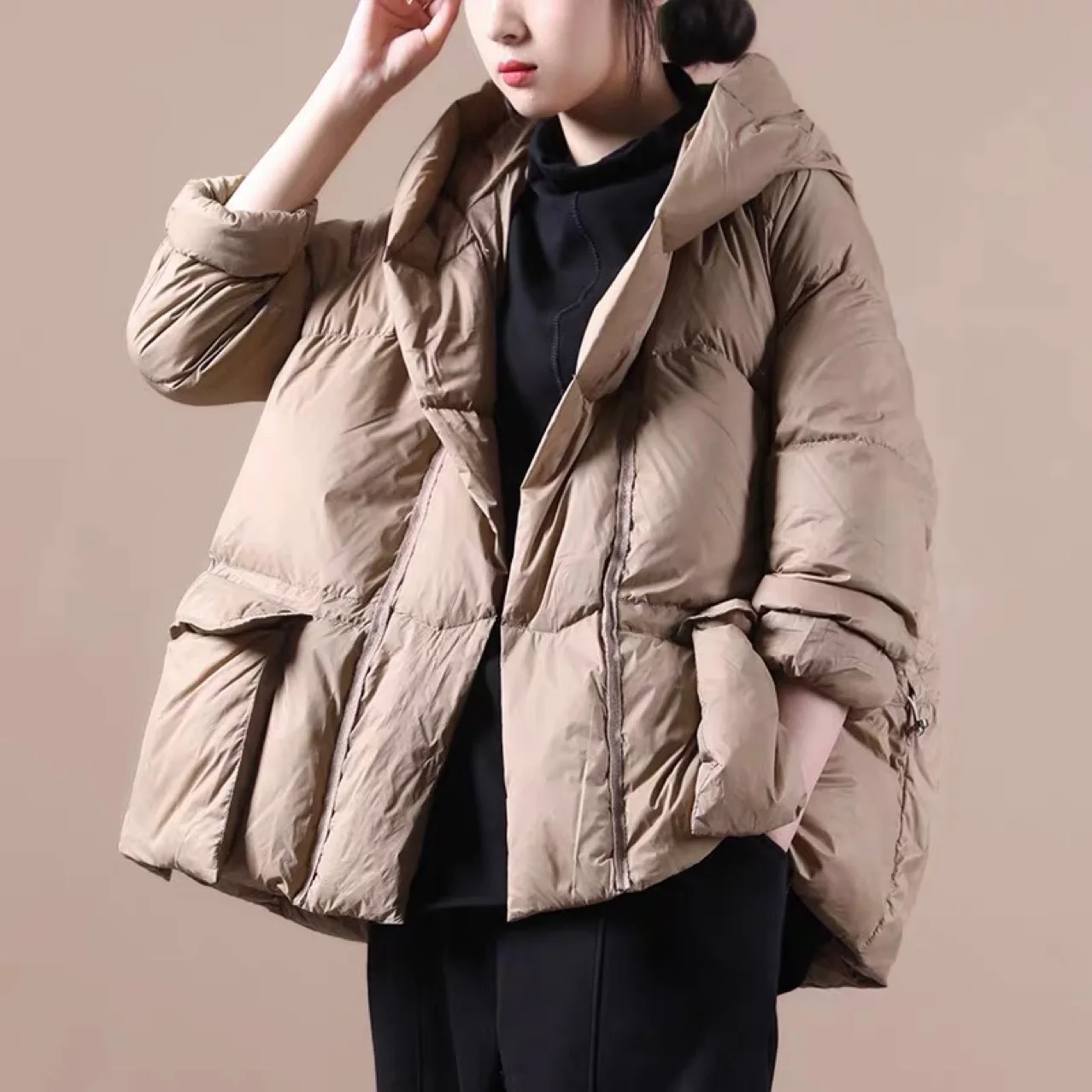 Loose Pocket Drawstring Short Duck Down Jacket Casual Winter New Womens Zipper Hooded Solid Outerwear