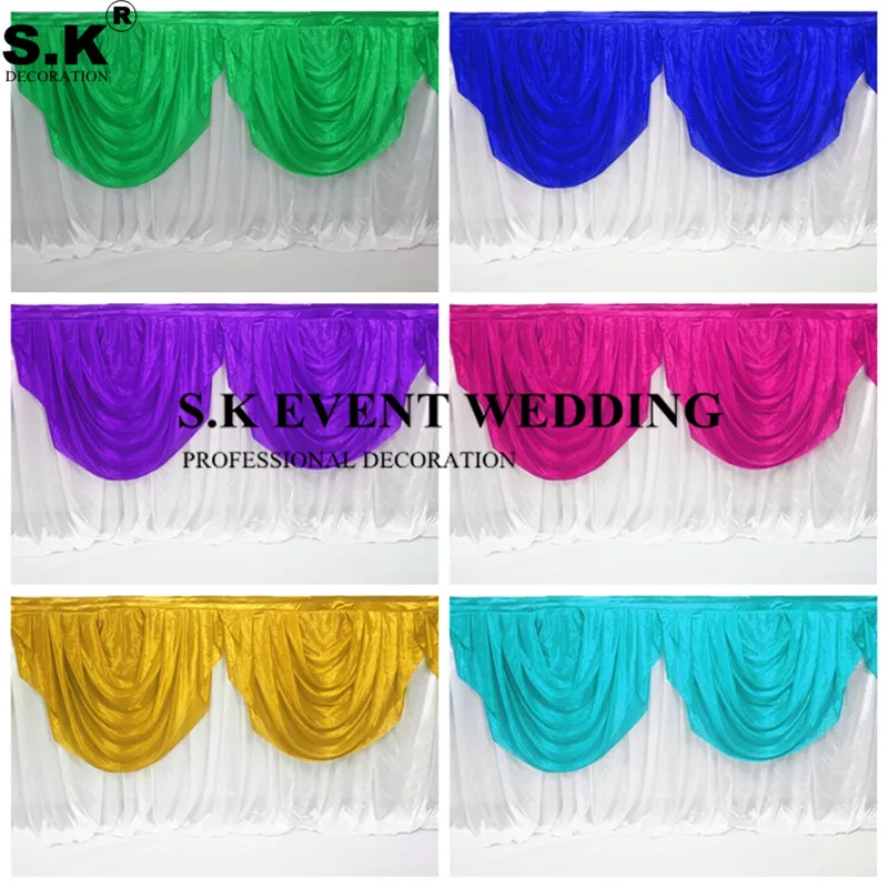 

New 21f Long White Ice Silk Table Skirt Cloth With Colorful Swag Draping For Round Rectangle Table Decoration Wedding Event Deco