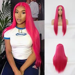 SALLYWELL Long Straight Hair Raspberry Pink Color Natural Hair Line  Lace Wigs for Fashion Women Heat Resistant Synthetic