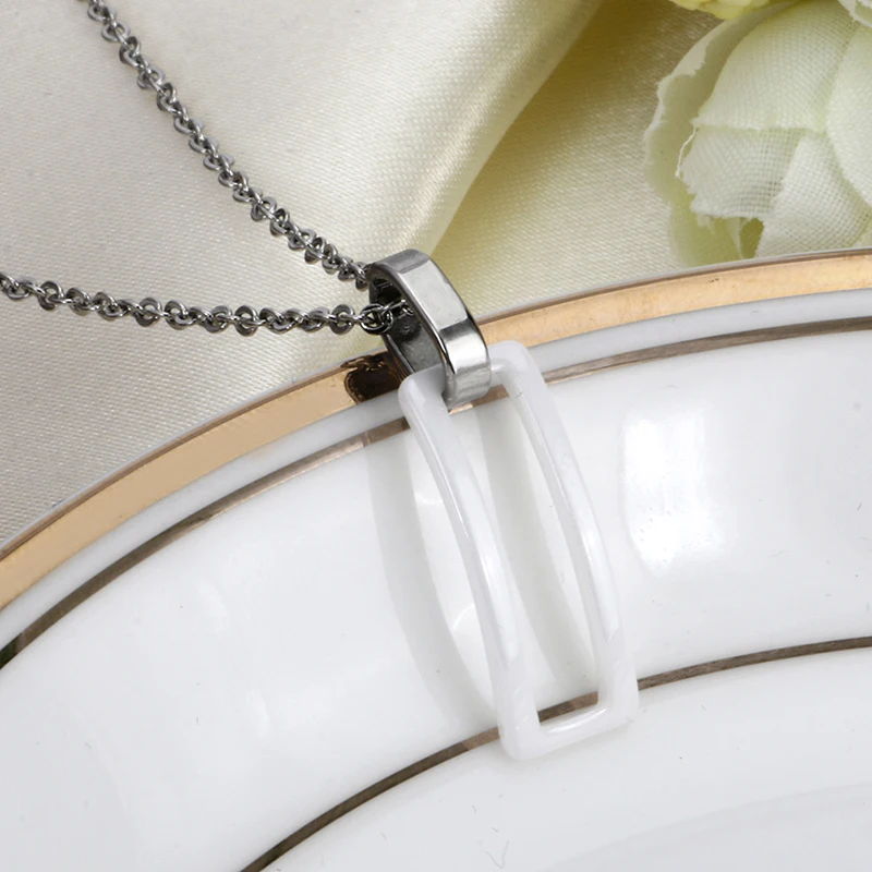 Rectangle Ceramic Women Pendant Necklace Simple Style White Color Fashion Stainless Steel Healthy Women Jewelry With Free Chain