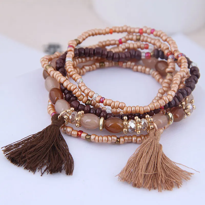 6pcs Bohemian Tassel Charm Multicolors Beads Bracelets Set Women Layers Stone Wristband Bracelet Bangles Factory price