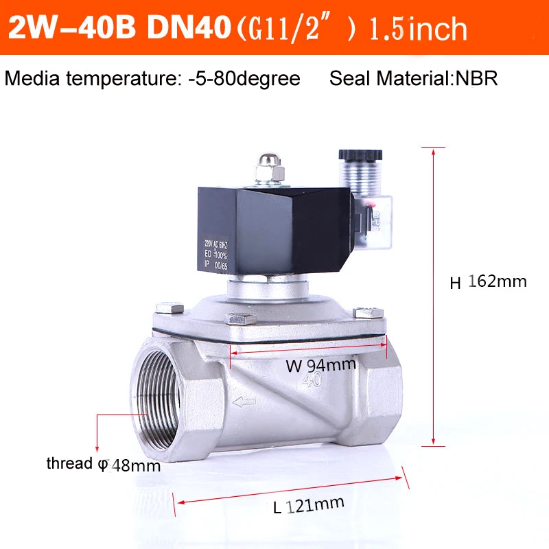 

DN40 Stainless Steel Normally Closed Water Solenoid Valve 24v 110v NBR Seal