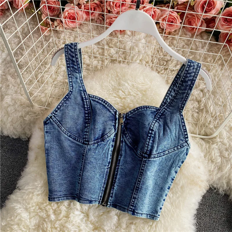 Amolapha Women Summer Denim Clothes Sets Strapless Strap Cowboy Camisole Tops+High Waist Split Jeans Mid-Length Skirts Suits