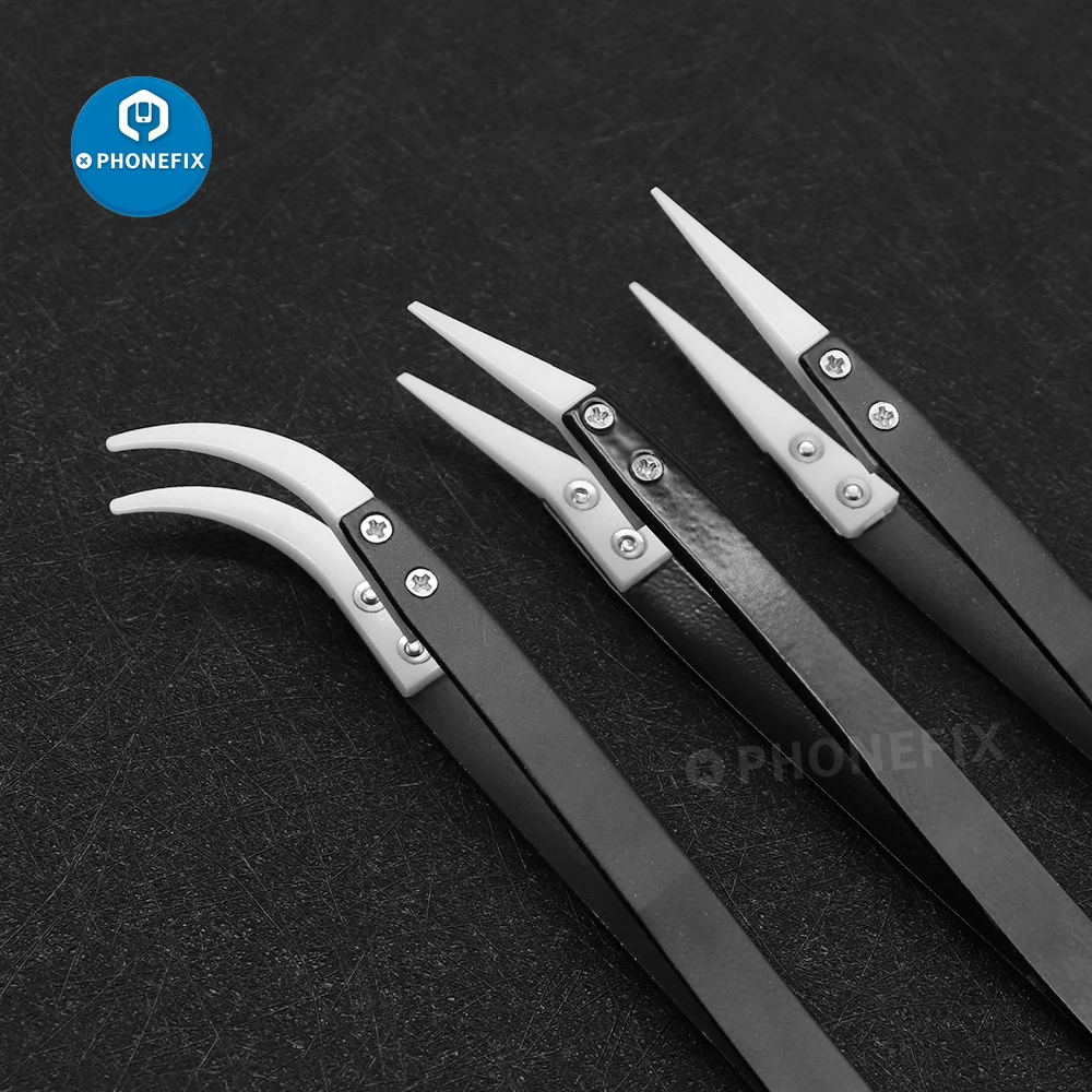 Anti-Static Ceramic Tweezers Electronic Cigarette Industrial Tweezers Insulated Straight Curved Tip for BGA SMD PCB IC Repair