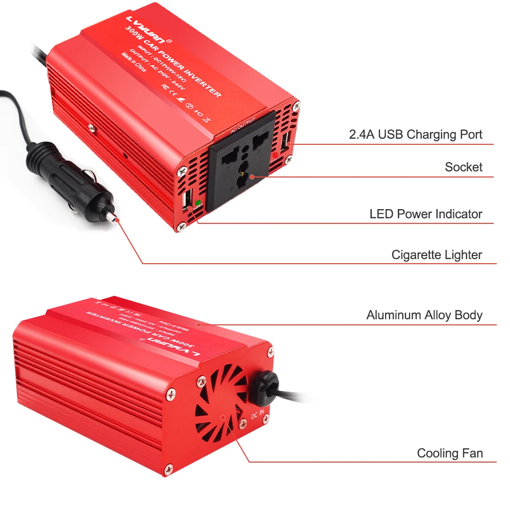 300W Inverter 12V to 220V 230V Car Cigarette Lighter Plug Voltage Converter Dual USB EU/UK/AU/Universal Socket Auto Accessories