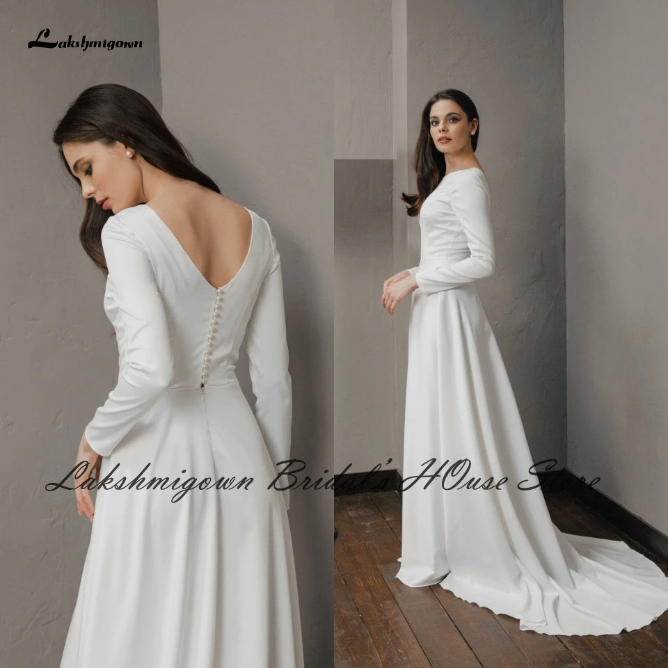 Lakshmigown Simple Satin Long Sleeve Wedding Dress 2022 Elegant Mariage Bridal Receipt Dinner Party Gowns A Line Wedding Dresses