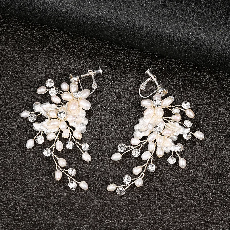 

Floralbride Handmade Rhinestones Crystal Freshwater Pearls Bridal Dangle Earring Wedding Clip On Earring Women Girls Jewelry