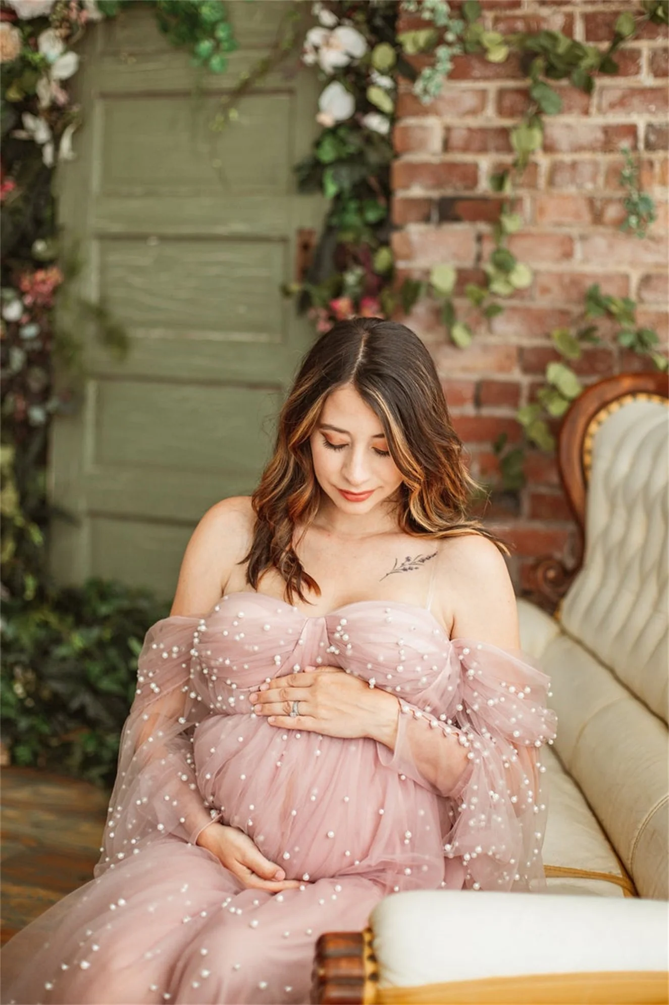 โรแมนติกสีชมพูคลอดบุตรชุดสำหรับ Babyshower Sweetheart Pearl Tulle ชุดคลอดบุตรการถ่ายภาพการตั้งครรภ์ผู้หญิงชุดยาว