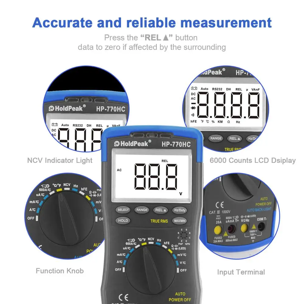 HoldPeak HP-770HC True RMS Auto Ranging Digital Multimeter with NCV Feature and Temperature/Frequency/Duty Cycle Test