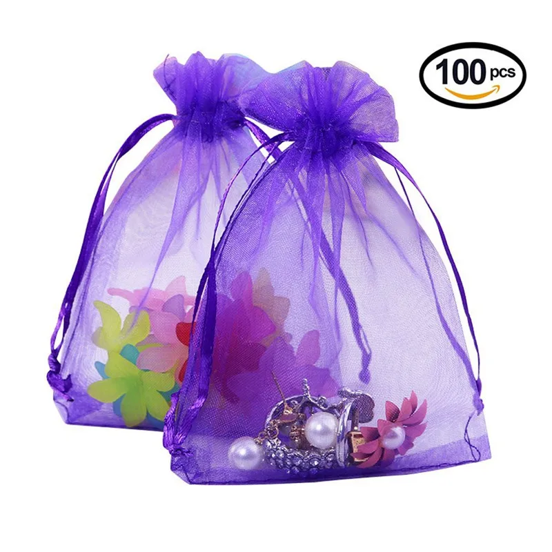 Purple 100pcs Organza Bag Jewelry Packaging Bags7x9 9x12 11x16 13x18CM Drawable Bags Gift Pouches Candy Bag For Communion Decor