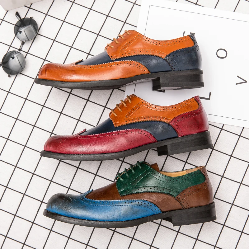 Big Size 38-47 British Men Oxfords Leather Shoes Green Blue Brogue Shoes Handmade Formal Dress Loafers Mixed Color Fashion Flats
