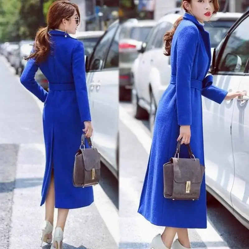 

Woolen Coat Women Long Korean Autumn Blue Trench Coats Outwear Female Long Sleeve Overcoat With Belt hot saleLX2078