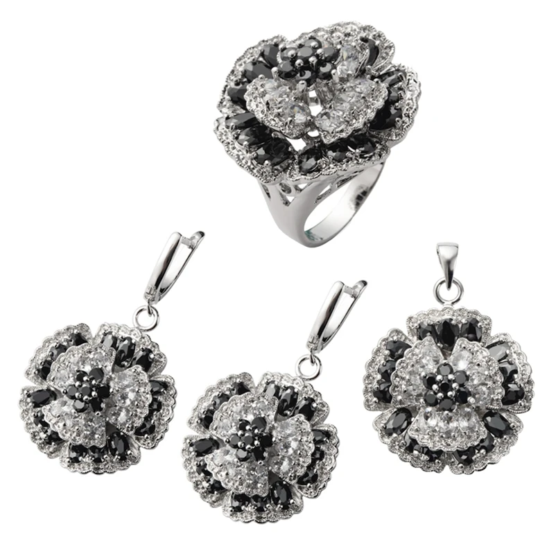 SHUNXUNZE Big Wedding Jewelry Sets (Ring/Earring/Pendant) For Women flower Black And White Cubic Zirconia Rhodium Plated R917Set