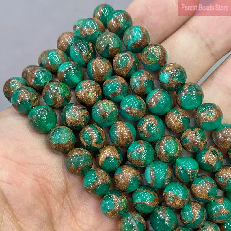 Natural Green Golden Stripe Cloisonne Stone Loose Round Beads for Jewelry Making 15