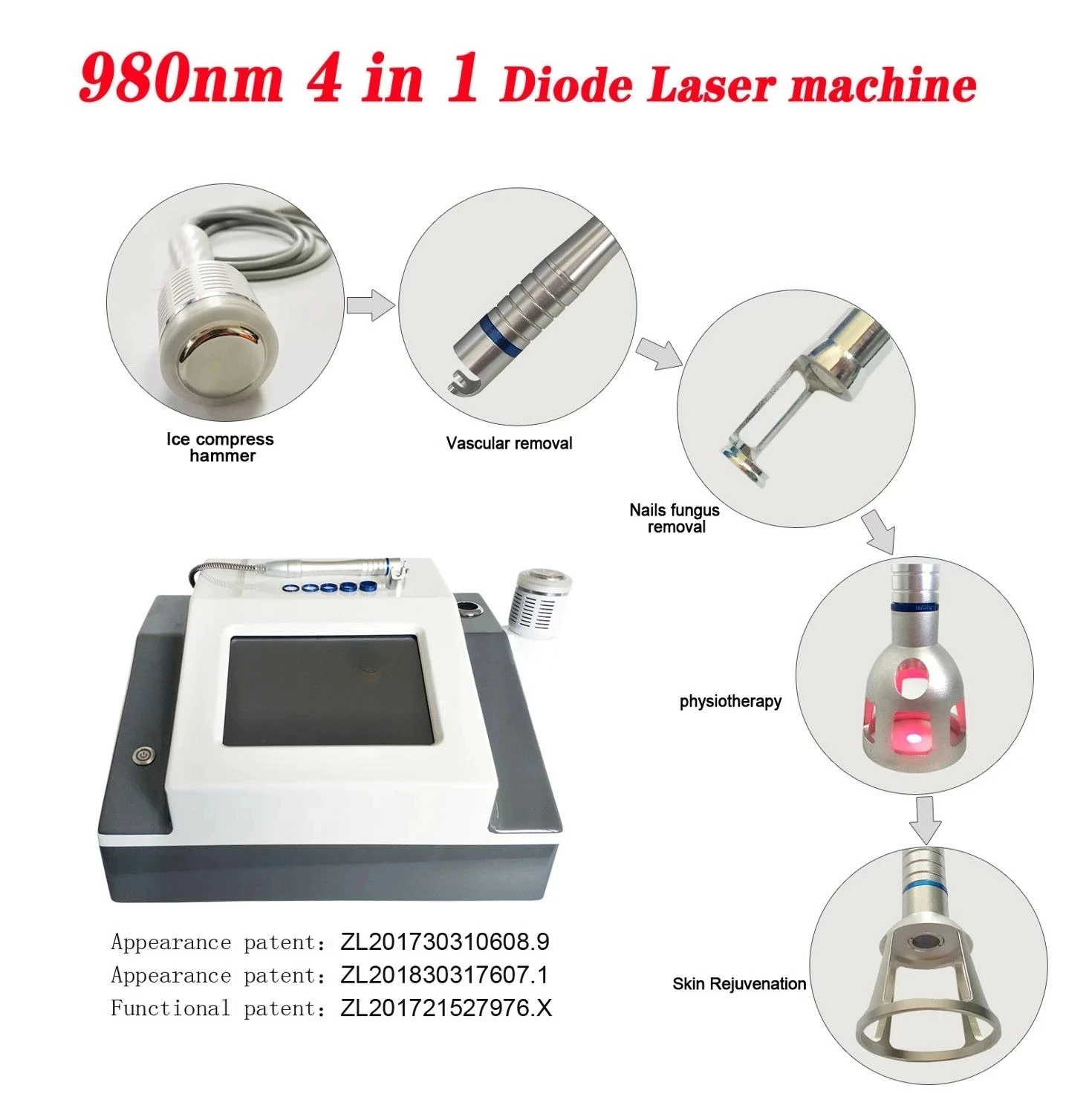 

980nm four in one optimal diode laser for permanent vascular treatment of spider vein removal/nail fungus laser