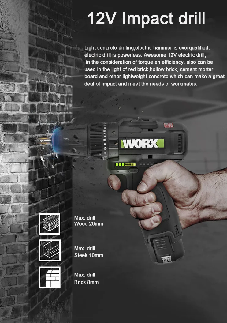 WORX WE211 10 مللي متر 12 فولت بطارية ليثيوم بدون فرشاة تأثير الحفر مفك الحفر الخشب/الخرسانة/الصلب سائق-الصناعة/الحديقة-أدوات
