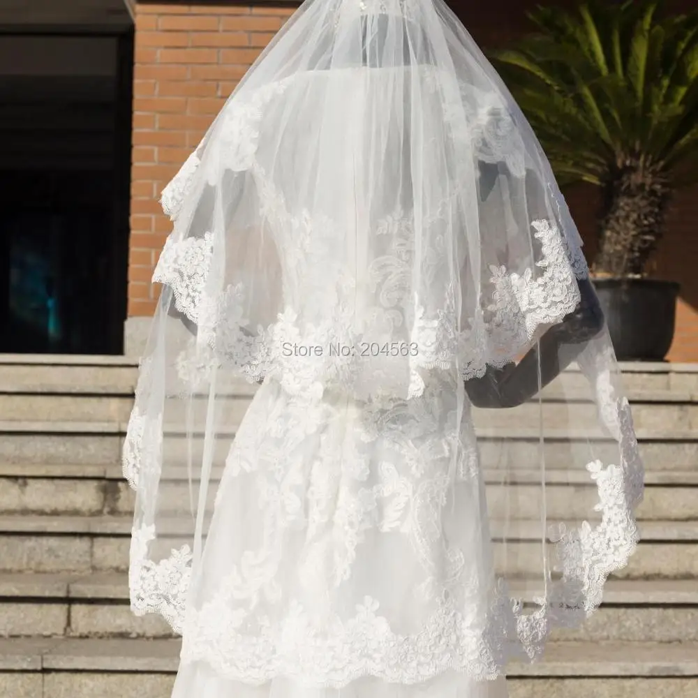 Two-Layer Romantic Elbow Length Wedding Veil Tulle Lace Veil for Bride with Comb Wedding Accessories MM