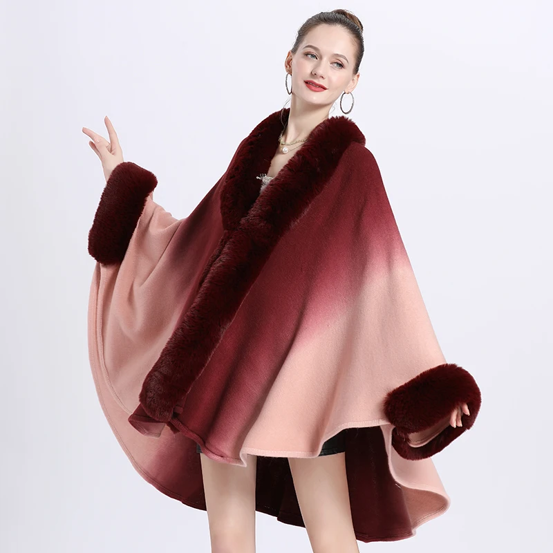 Fashion Gradient Dyeing Faux Rabbit Fur Coat Cape Good Knit Batsleeves Cardigan Long Overcoat Women Autumn Winter Cloak Wraps