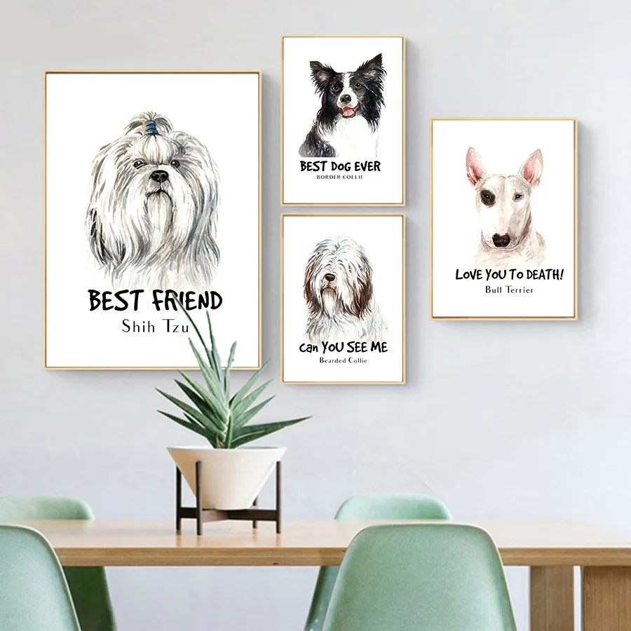 Cute Adorable Dog Bull Terrier Border Collie Shih Tzu Beared Collie Living Room Sofa Modern Decorative Painting Canvas Painting