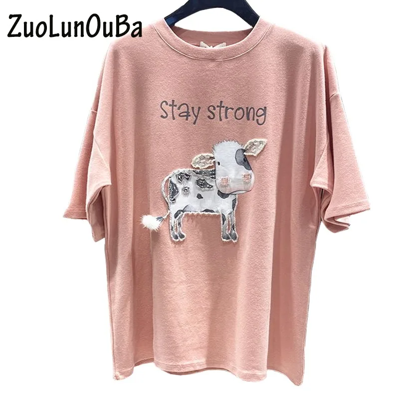 ZuoLunOuBa Summer T Shirt Women's Pink Cartoon STAY STRONG Cow Beaded Letter Print Harajuku Short Sleeved Round Neck Tees Tops