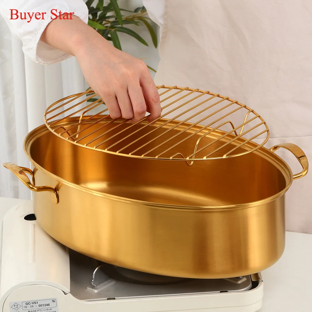 Kitchen Cooking Stainless Steel Multi-Use Oval Korean Soup Pot Steamed Food Fish Pot Roaster with Rack Ceramic Plate Cookware