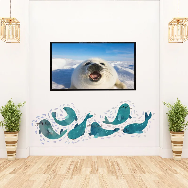 Cute Sea Lion Combination Wall Sticker Living Room Bedroom Bathroom Bathtub Decoration Mural Art Decals Bathroom Glass Wallpaper