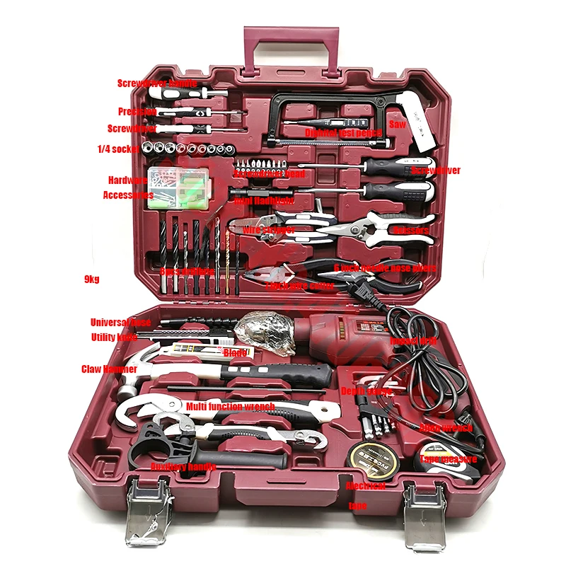 General Household Hand Tool Set with Impact Drill Socket Wrench Screwdriver Car Repair Kit - Plastic Storage Case Included