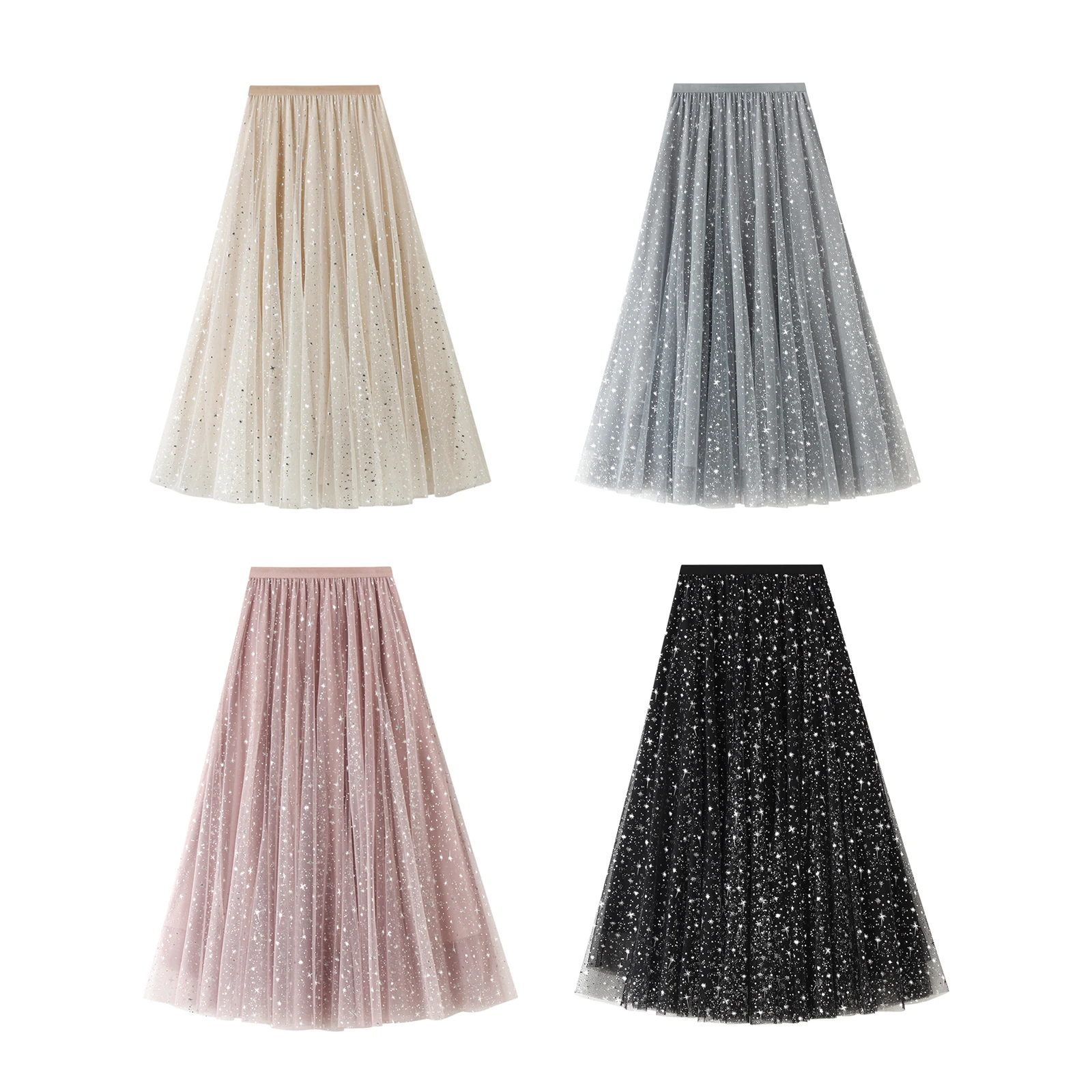 Women Starry Sky Mesh Tutu Skirt Sequin Glitter Layered Tulle Maxi Skirt A-Line Party Skirt Dress