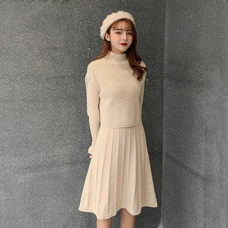 EHQAXIN 2023 Autumn Winter Knitted 2 Piece Set Women Long Sleeve Half High Collar Pullover Sweater + Ladies Knitting Skirt Suit