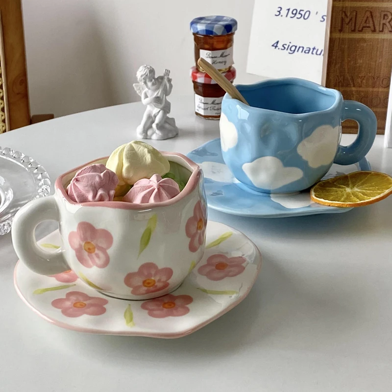 Hand Pinch Retro Ceramics Mugs with Tray Coffee mug Milk Tea office Cups Drinkware the Best birthday Gift for Friends