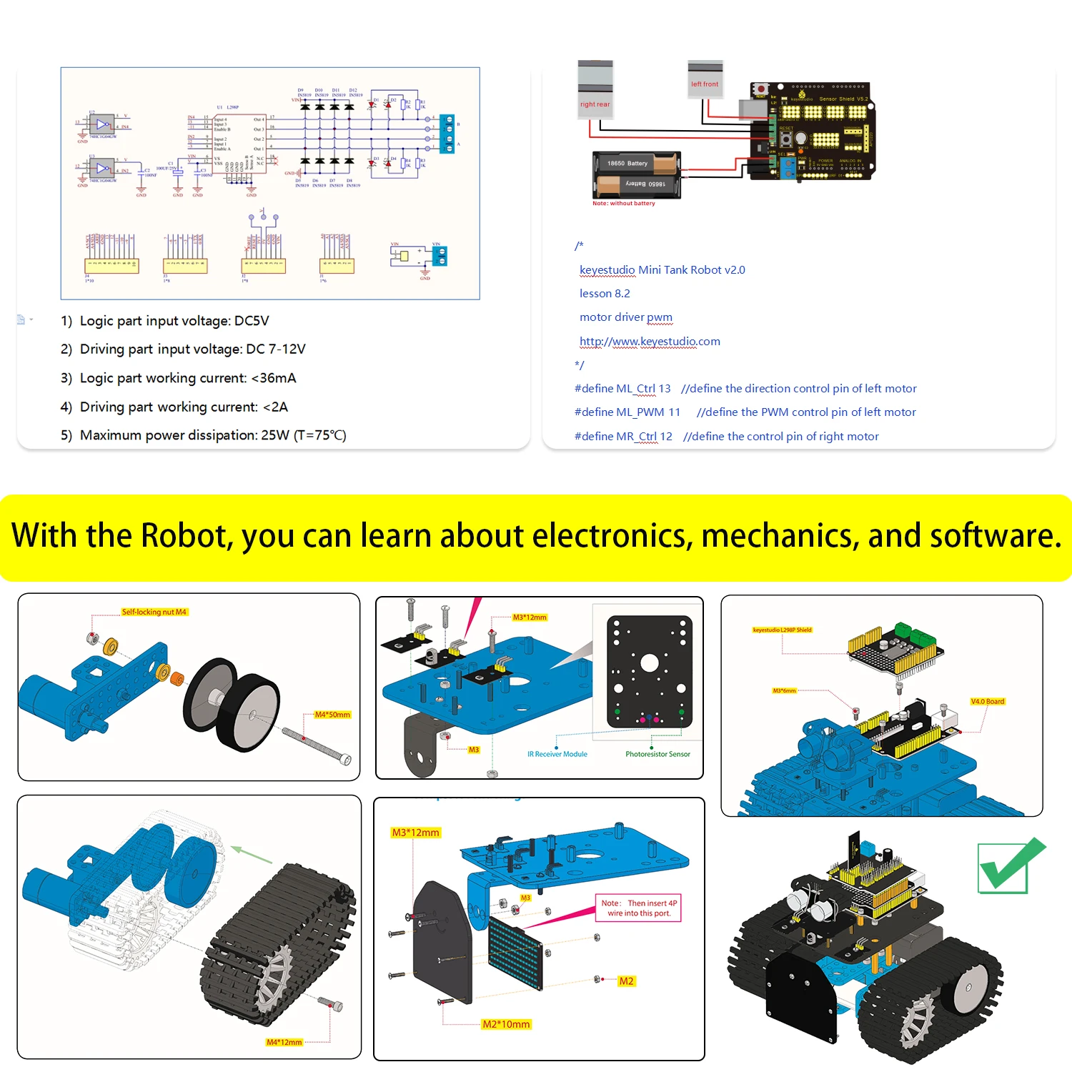 Imagem -04 - Keyestudio Faça Você Mesmo Mini Tanque Robô V2.0 Kit de Carro Robô Inteligente Forarduino Kit Robô Haste Mais 15 Projetos Ios e Android Controle ce Compatível