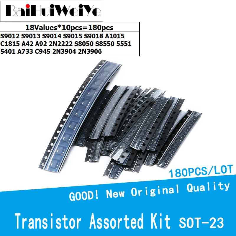 180Pcs/lot SMD Transistor Kit SOT23 18Values S9013 S9014 S9015 S9018 A1015 C1815 A42 A92 2N2222 S8050 S8550 MMBT3904 MMBT3906