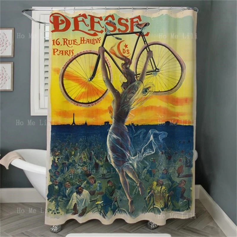 Vintage French Acrobatic Performance Hot Air Balloon Mermaid Women Fish Sea Paris Fairy Free Bicycle Shower Curtain