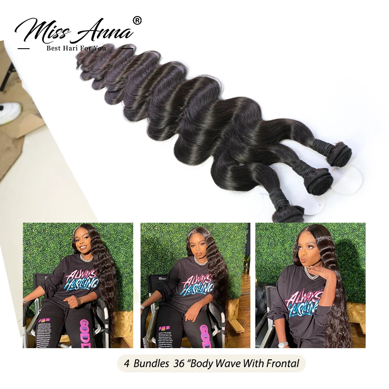 MissAnna 30 32 34 36 38 40 Inch Brazilian Human Hair Bundles With Frontal and Closure Body Wave Bundles With 13x4 Lace Frontal