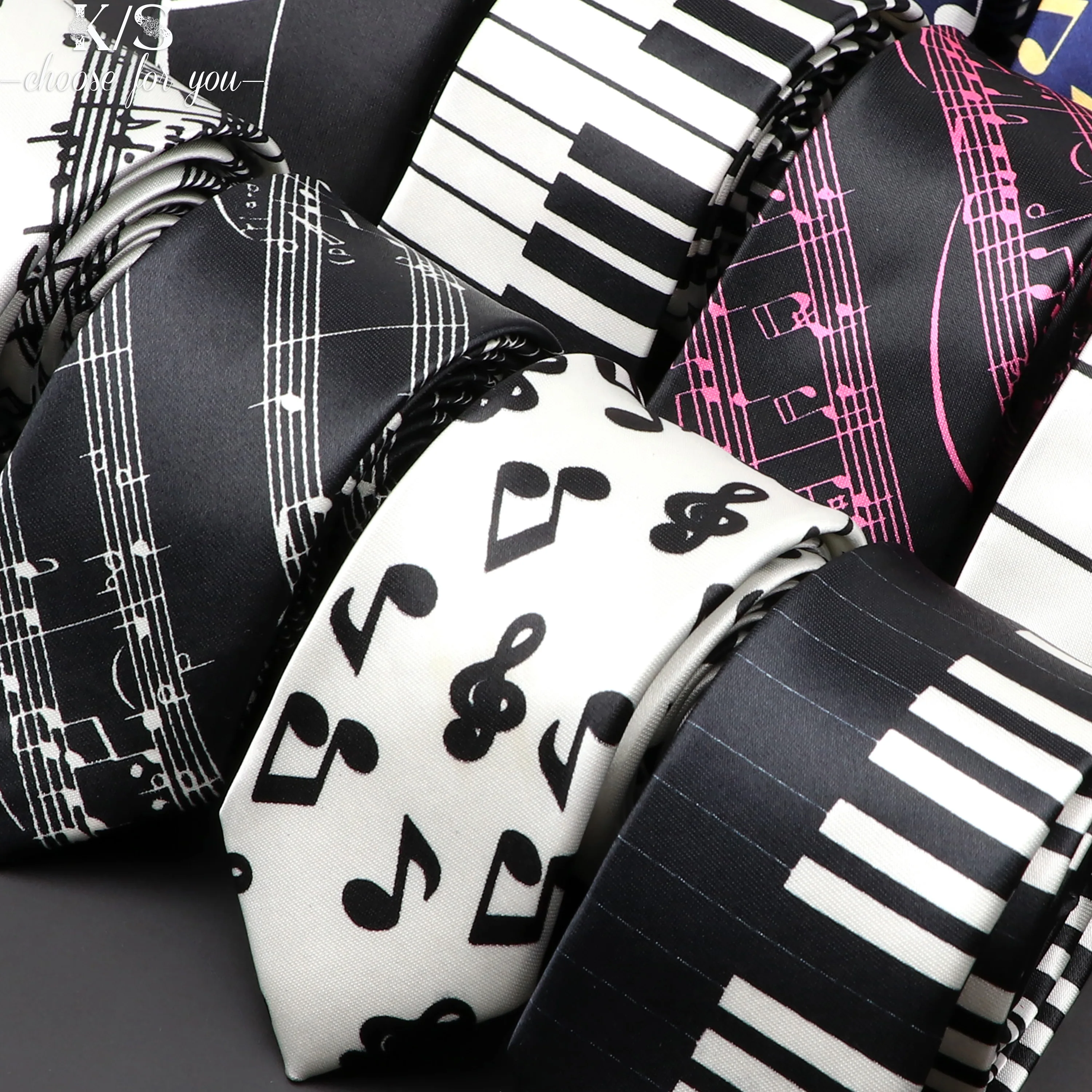 Classic Fashion Men\'s Music Tie Holiday Festival Printed Piano Guitar Smiling Face Polyester 5cm Width Black Wihte Necktie Gift