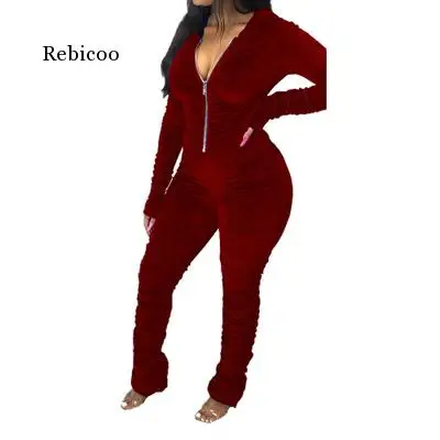 Fall New Streetwear Velvet Ruched Bodycon Hoodies Jumpsuit Women Active Stacked Zipper Hooded Romper One Piece Overall