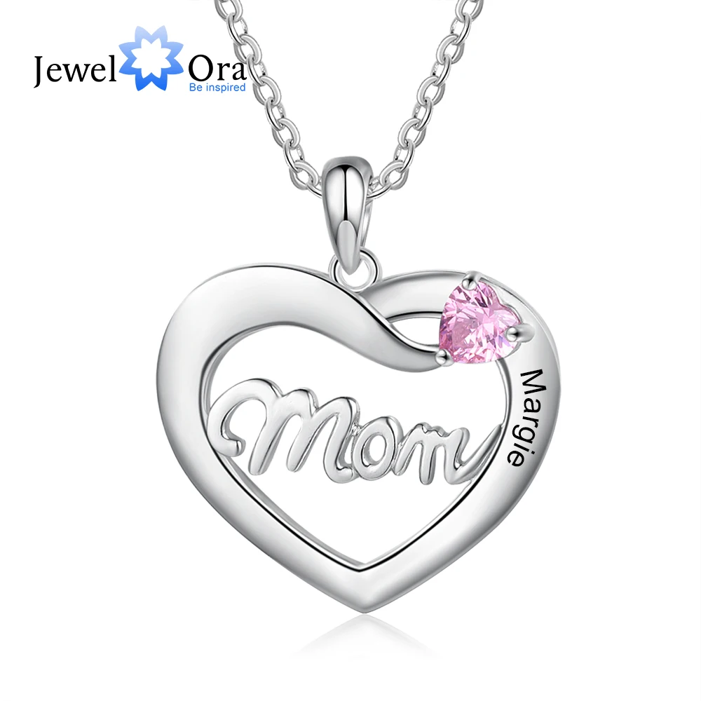 

JewelOra Personalized Mom Necklace with DIY Birthstone Customized Engraved Name Heart Pendant Anniversary Mothers Day Gifts